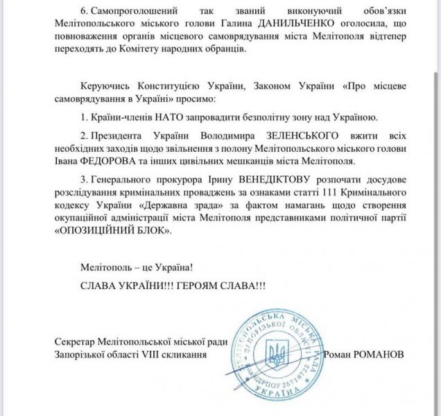 Мелітопольська міськрада закликала президента допомогти зі&nbsp;звільненням мера Федорова та&nbsp;покаранням колаборантки Данильченко